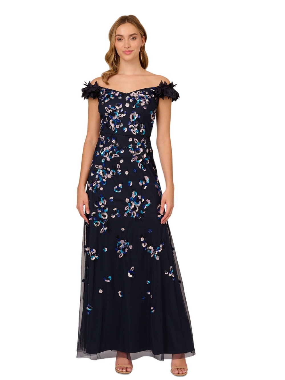 Adrianna Papell Navy Off-Shoulder Floral Appliqué Midi Dress